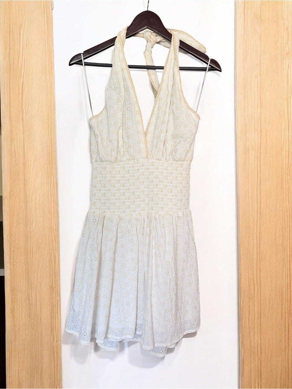 Le Lis Cream Eyelet Halter Smocked Mini Dress